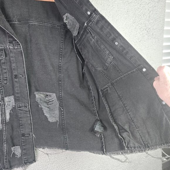 Divided Black Denim Jacket Thrashed Distressed Raw Hem Oversized Y2K Fall Retro - Picture 9 of 16